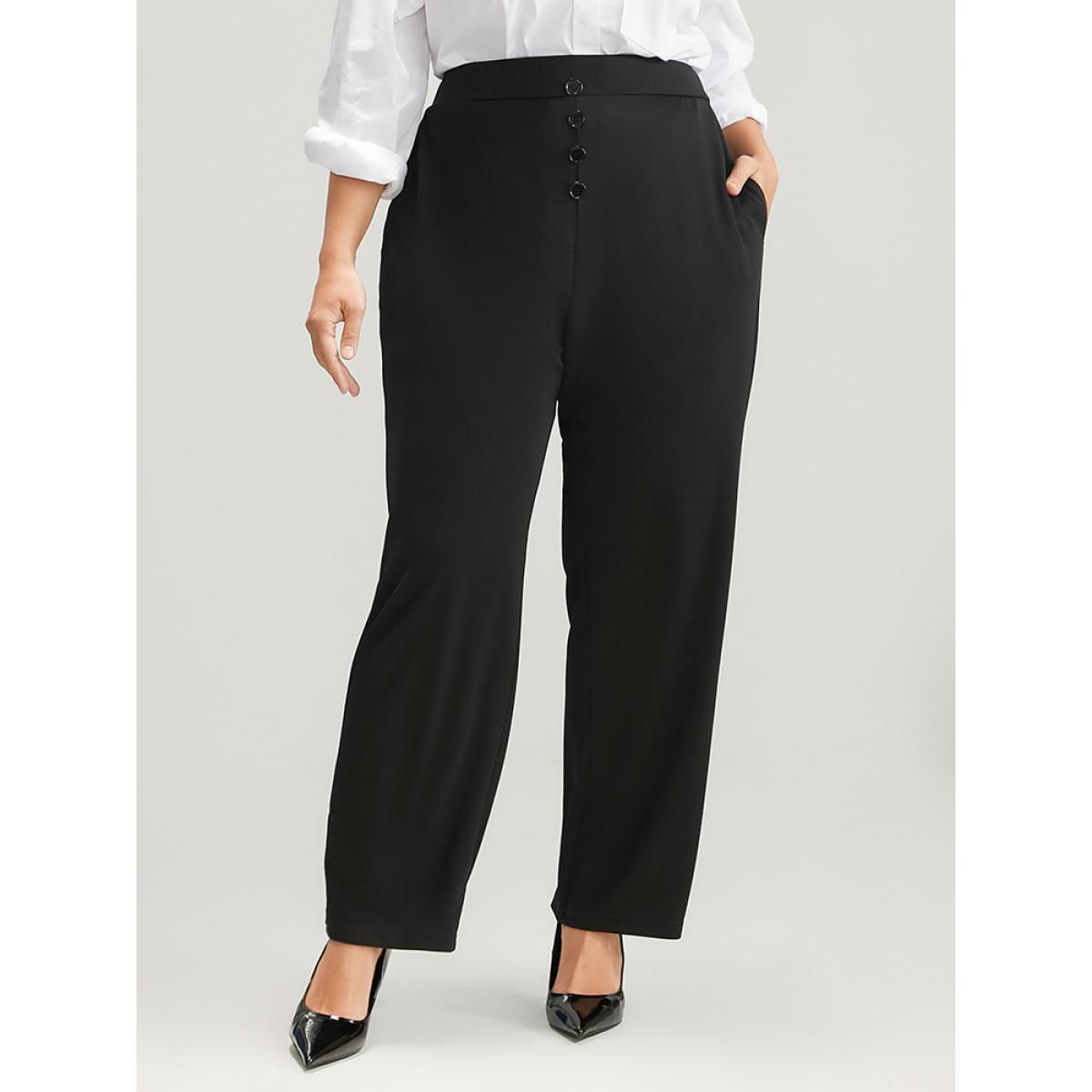 Plus Size Solid Elastic Waist Fake Button Pocket Pants Women Black Office High Rise Work Pants BloomChic 14-16/1X Product Image