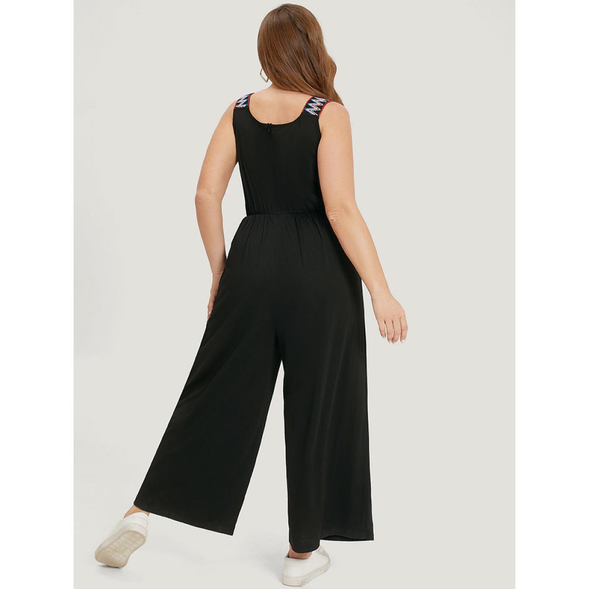 Plus Size Black Contrast Trim Pocket Patchwork Cami Jumpsuit Women Casual Sleeveless Spaghetti Strap Dailywear Loose Jumpsuits BloomChic 30/6X Product Image