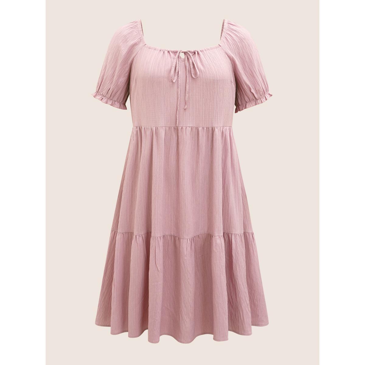 Plus Size Square Neck Textured Ruffle Layered Hem Dress Beanpastepowder Women Casual Tie knot Square Neck Short sleeve Curvy BloomChic 18-20/2X Product Image