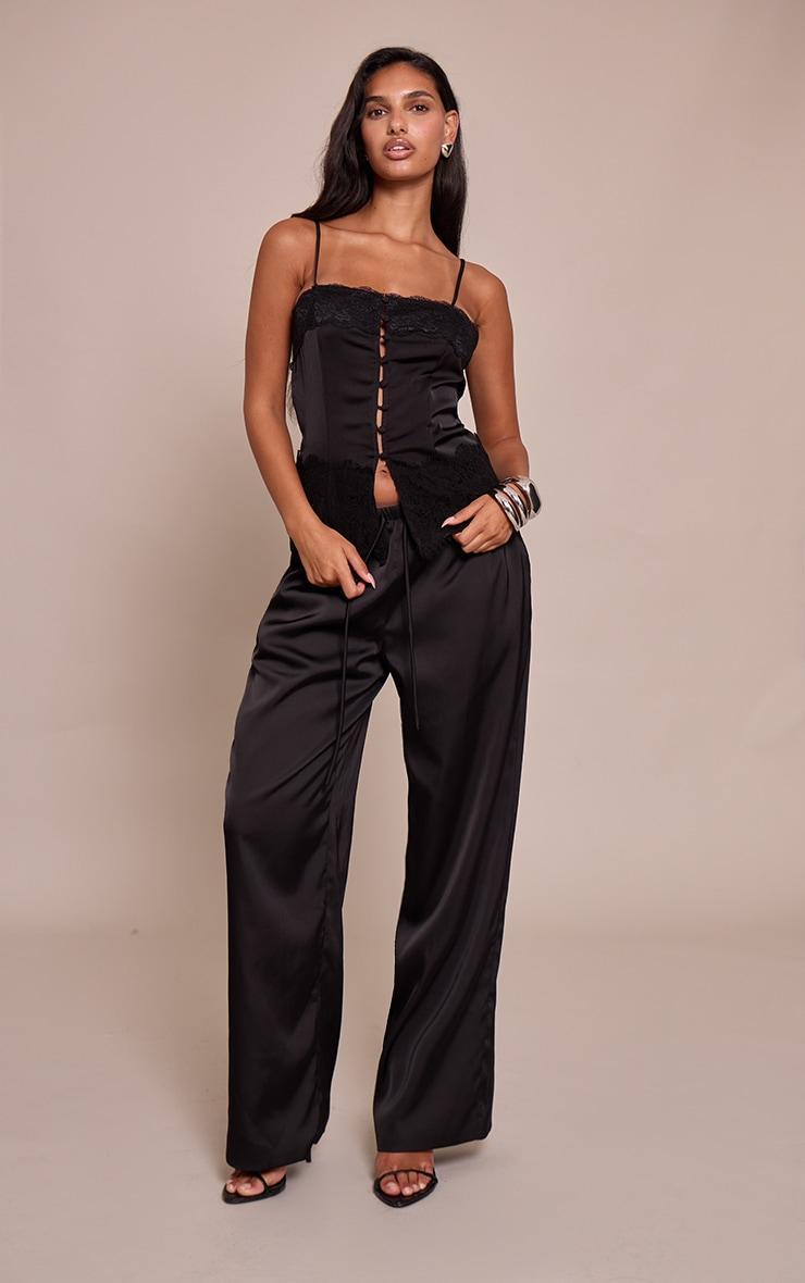 Black Satin Button Up Lace Detail Cami Product Image