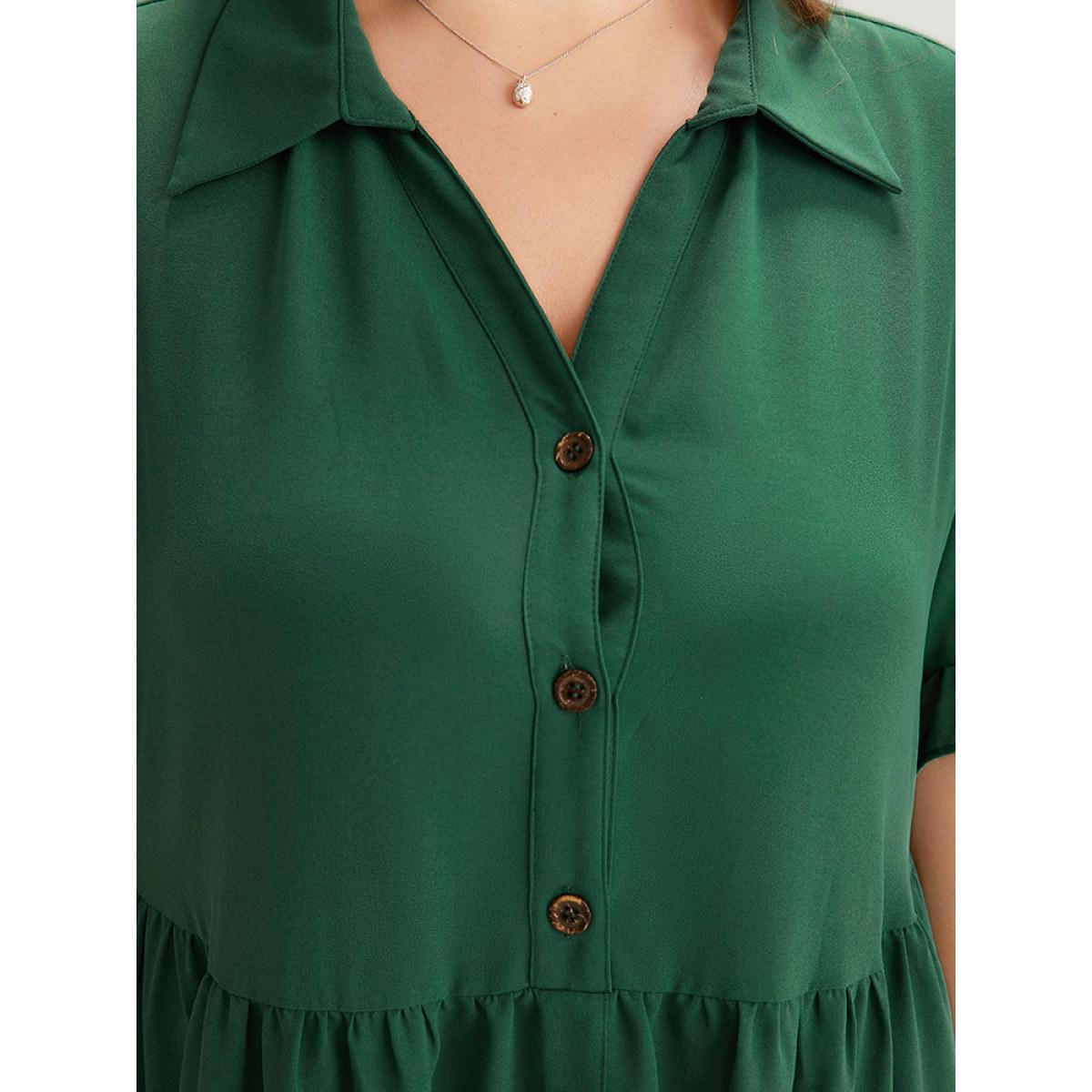 Plus Size Plain Ruffles Pocket Button Up Pleated Frill Trim Dress Emerald Women Casual Plain Lapel Collar Short sleeve Curvy Midi Dress BloomChic 14-16/1X Product Image