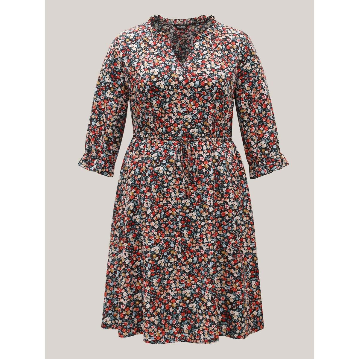 Plus Size Floral Print Drawstring Pockets Flared Midi Dress Black Women Elegant Drawstring Notched collar Elbow-length sleeve Curvy BloomChic 30/6X Product Image