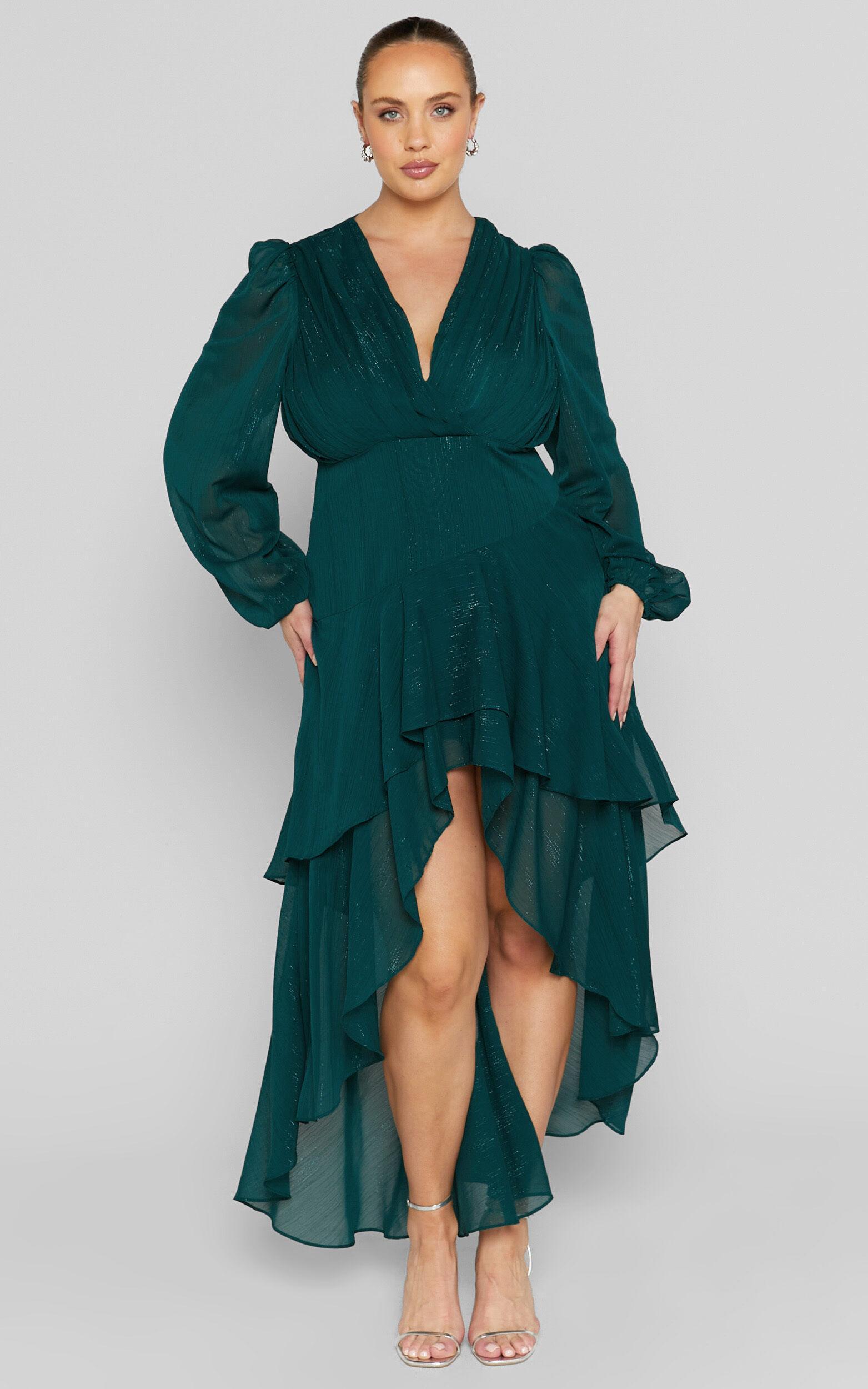 Claudita Midi Dress - Long Sleeve High Low Hem Dress in Emerald Product Image