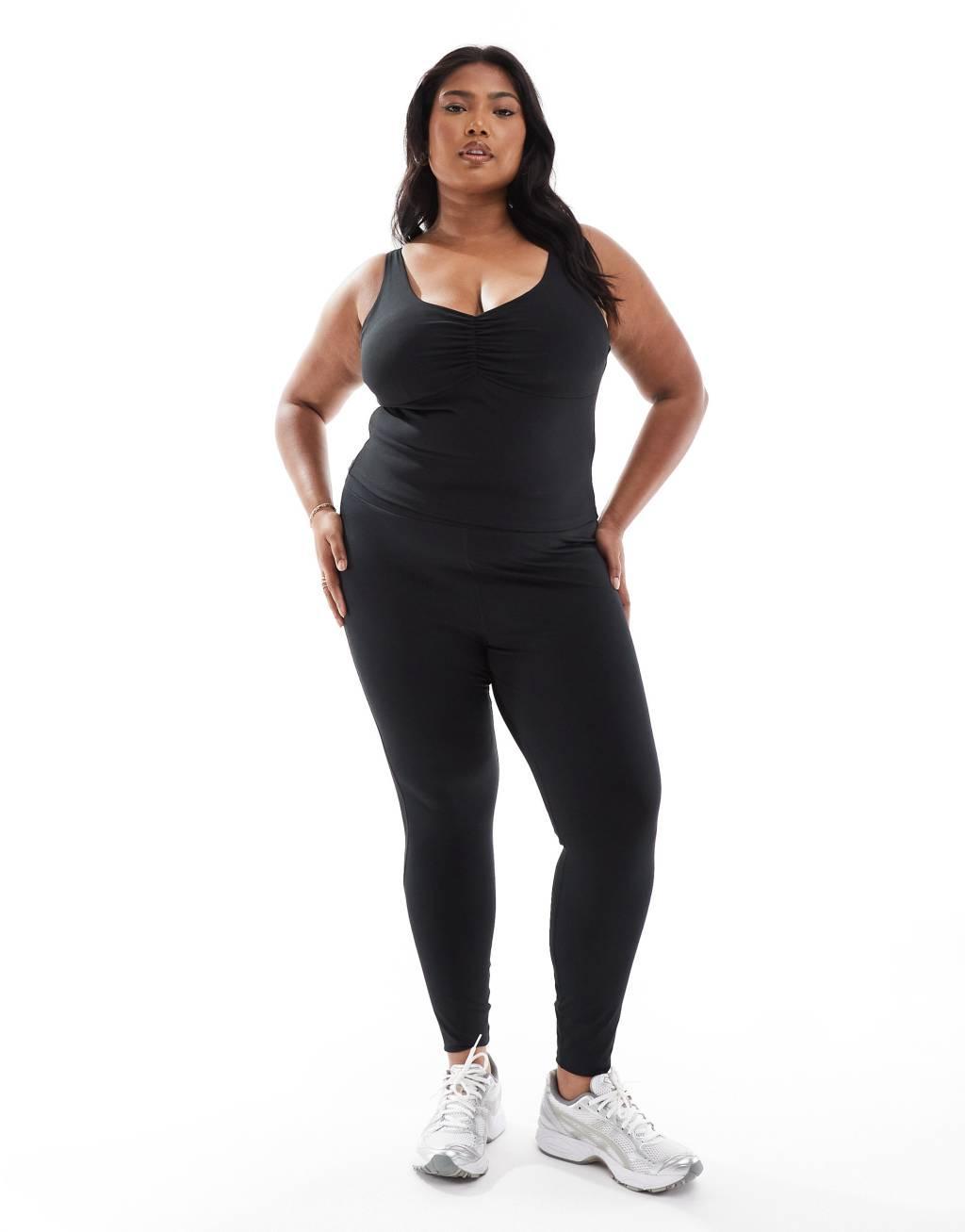 ASOS 4505 Curve ruched front tank top with inner bra in black Product Image