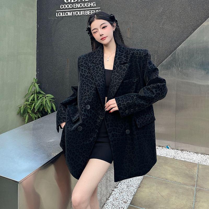Lapel Collar Leopard Print Double Breasted Blazer Product Image