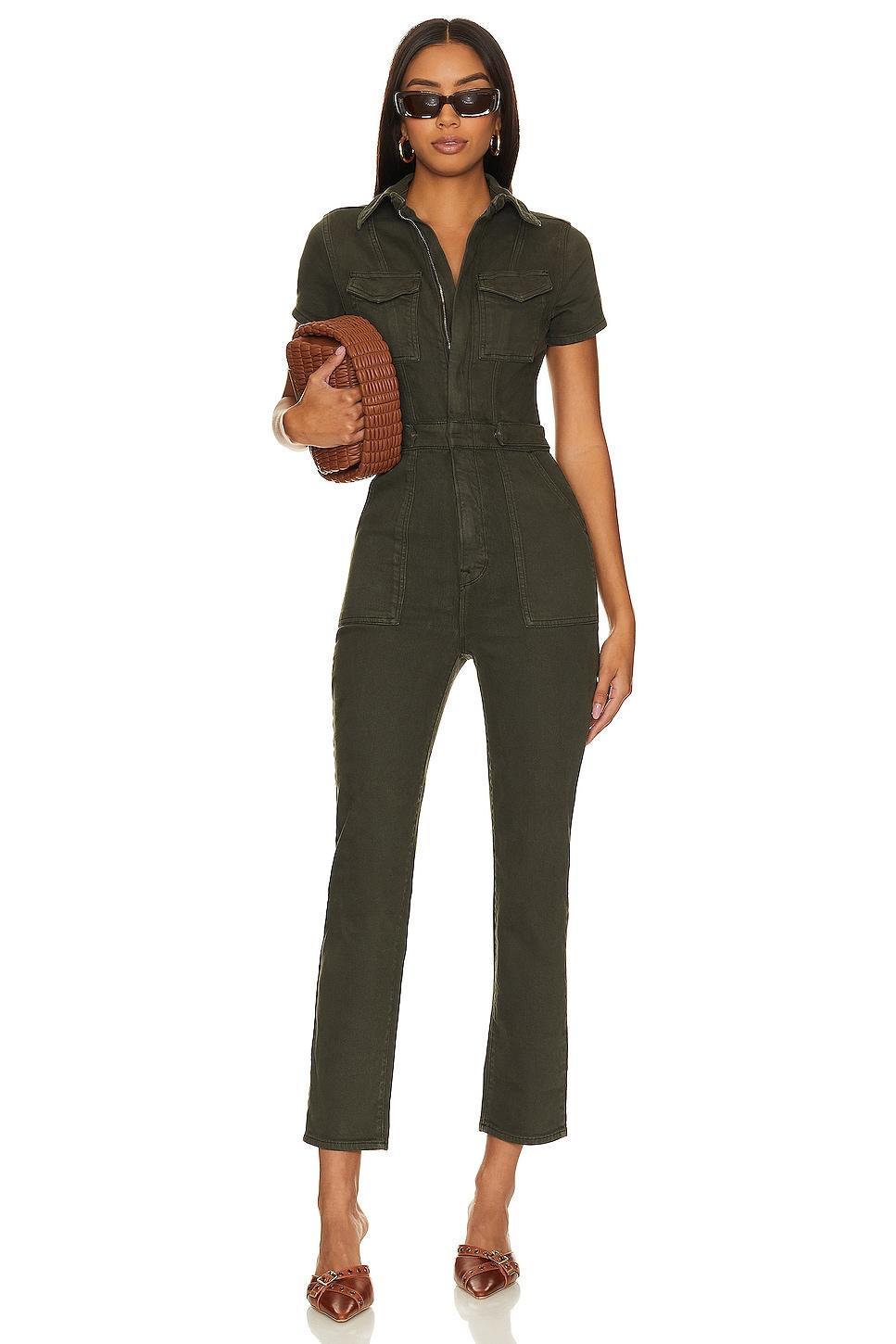 Good American Plus Size Fit For Success Short Sleeve Point Collar Straight Leg Stretch Denim Jumpsuit Product Image