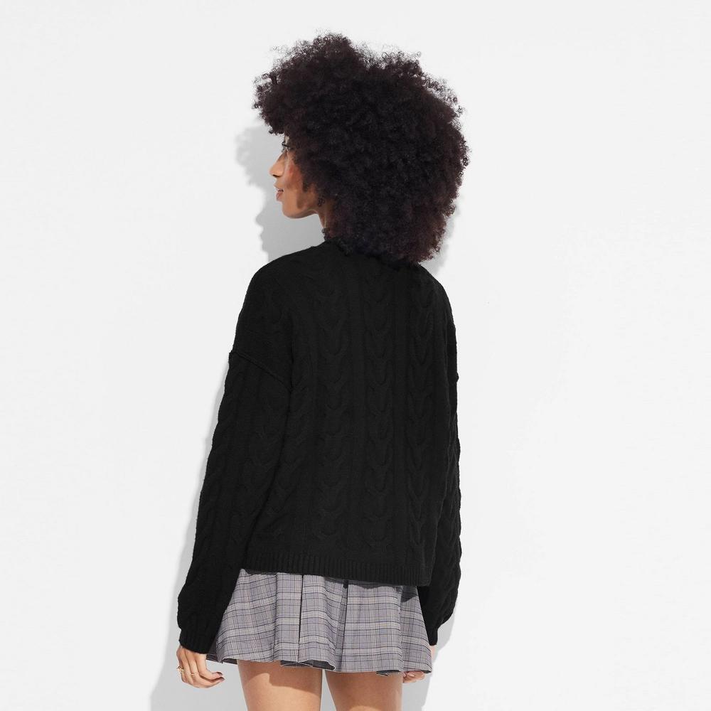 Womens Oversized Cable Sweater Cardigan - Wild Fable Black S: Recycled Polyester, V Neck, Balloon Sleeve, Button Down Product Image