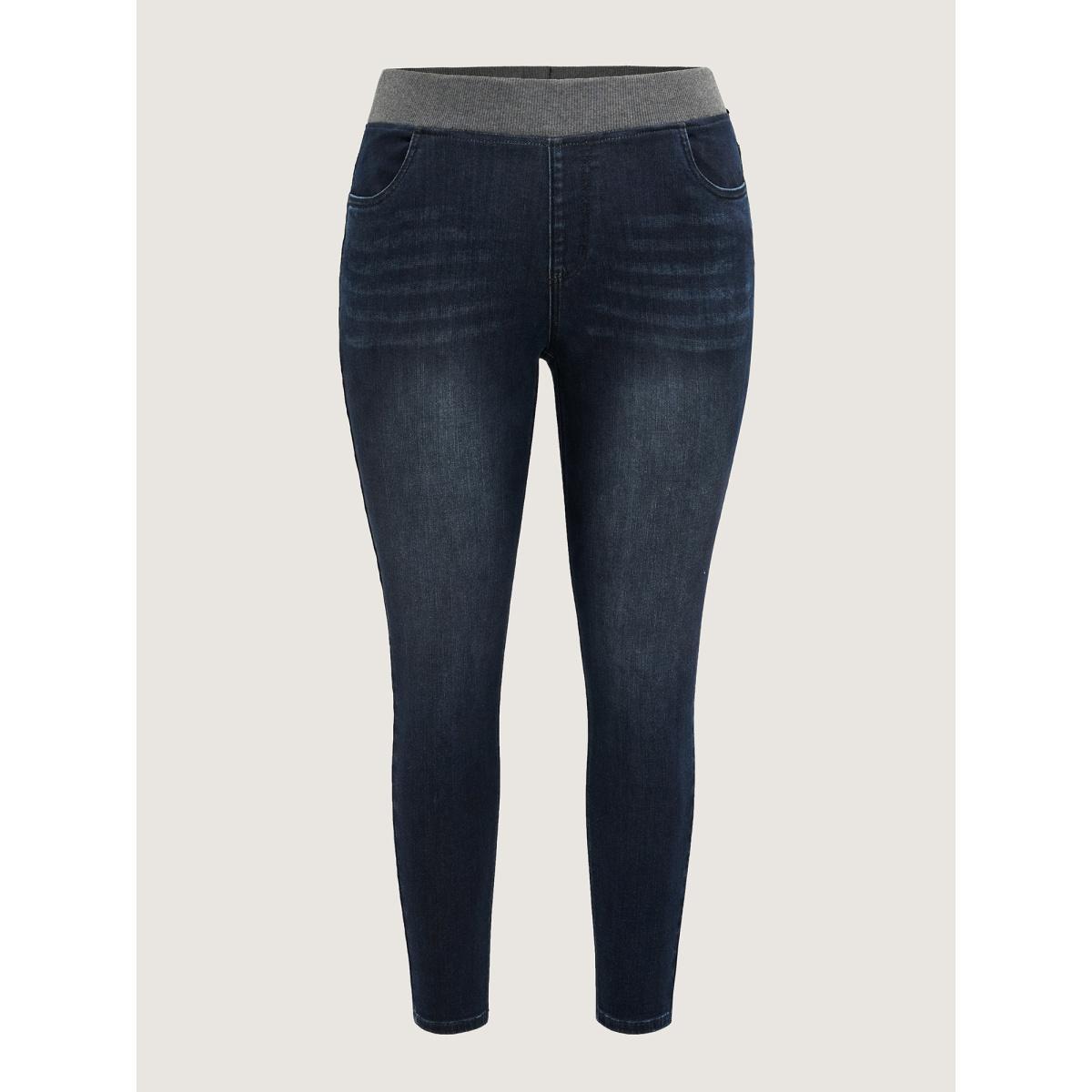 Plus Size Stretchy Whiskered Waist Skinny Knit Jeans Women Darkindigo Elegant Medium stretch Slanted pocket Jeans BloomChic 18/2X Product Image