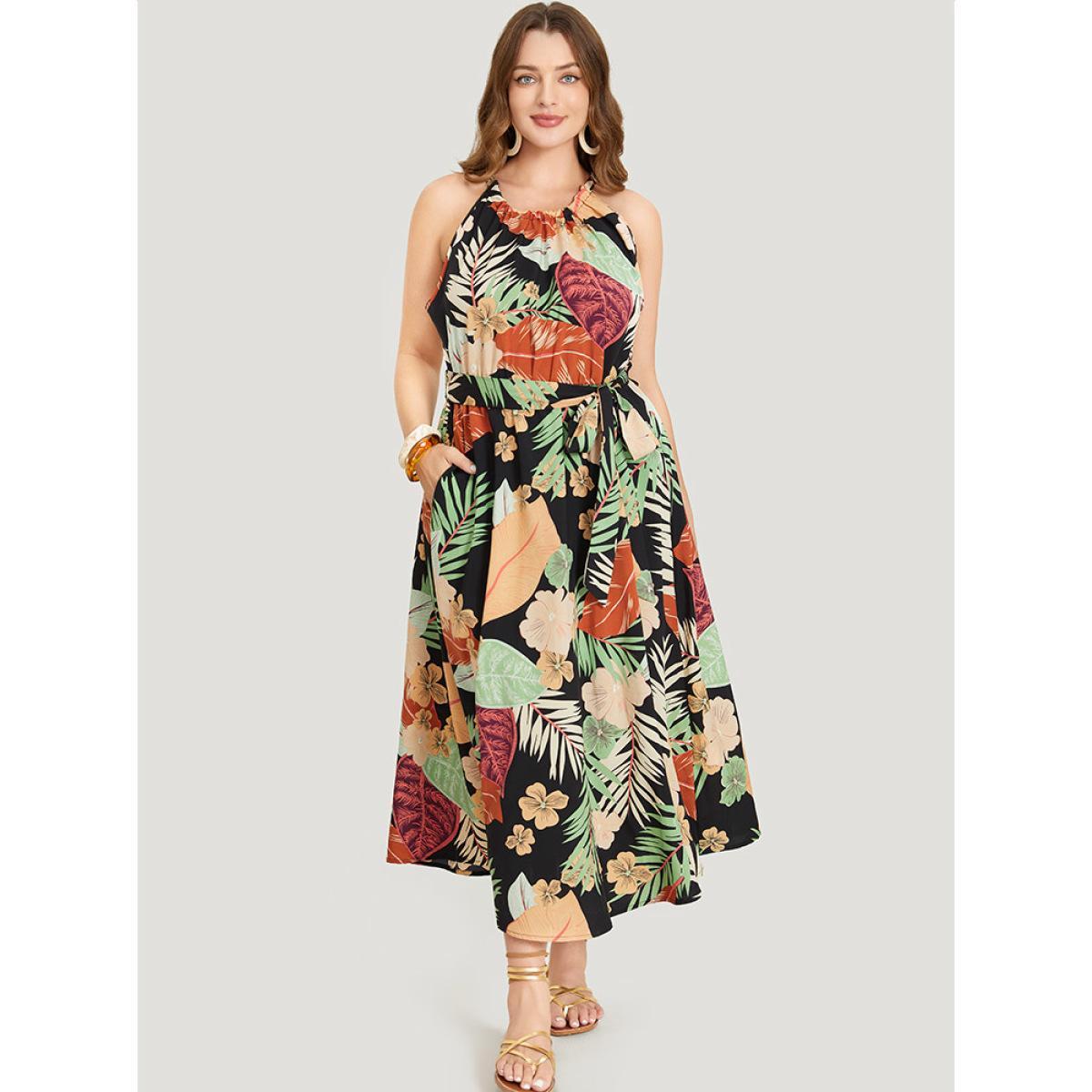 Plus Size Tropical Print Ruffle Hem Pocket Belt Knotted Halter Dress Black Women Vacation Cross straps Halter neck Sleeveless Curvy Midi Dress BloomChic 22-24/3X Product Image