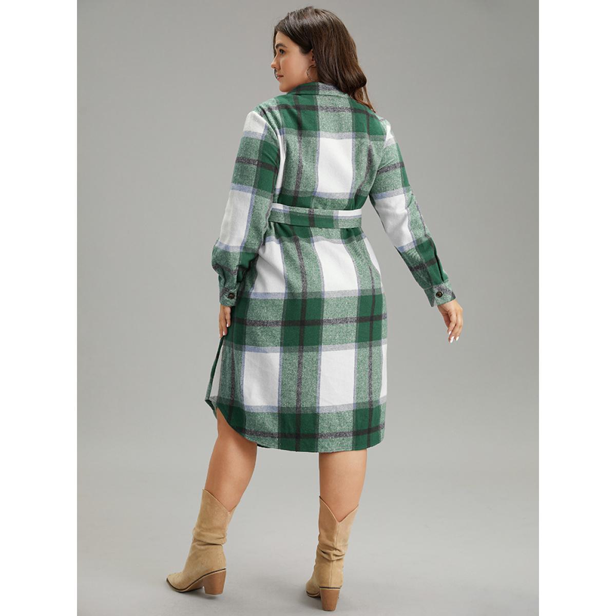Plus Size Plaid Shirt Collar Button Through Belted Dress DarkGreen Women Casual Belted Shirt collar Long Sleeve Curvy Midi Dress BloomChic 22-24/3X Product Image