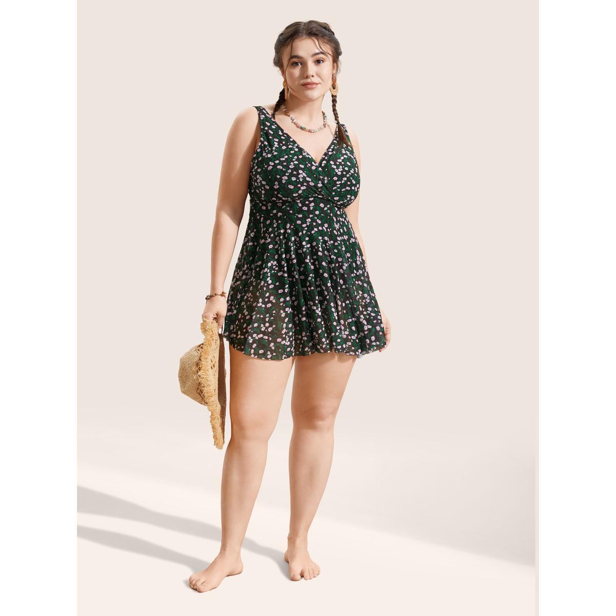 Plus Size Ditsy Floral See Through Gathered Swim Dress Women's Swimwear Black Beach Bodycon Overlap Collar High stretch Curve Swim Dresses BloomChic 12/L Product Image