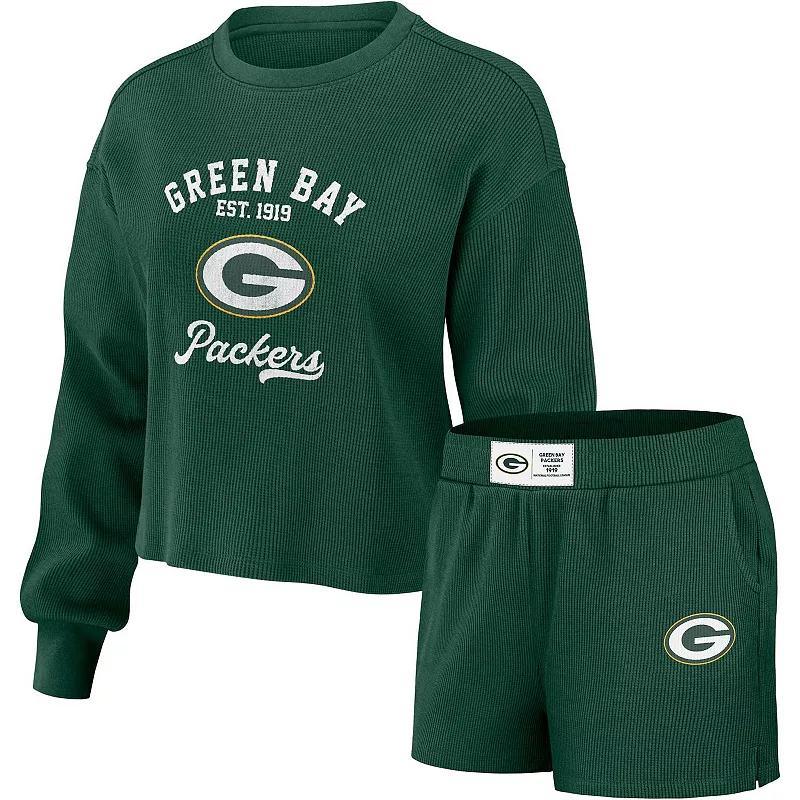 Womens WEAR by Erin Andrews Bay Packers Waffle Knit Long Sleeve T-Shirt & Shorts Lounge Set Product Image