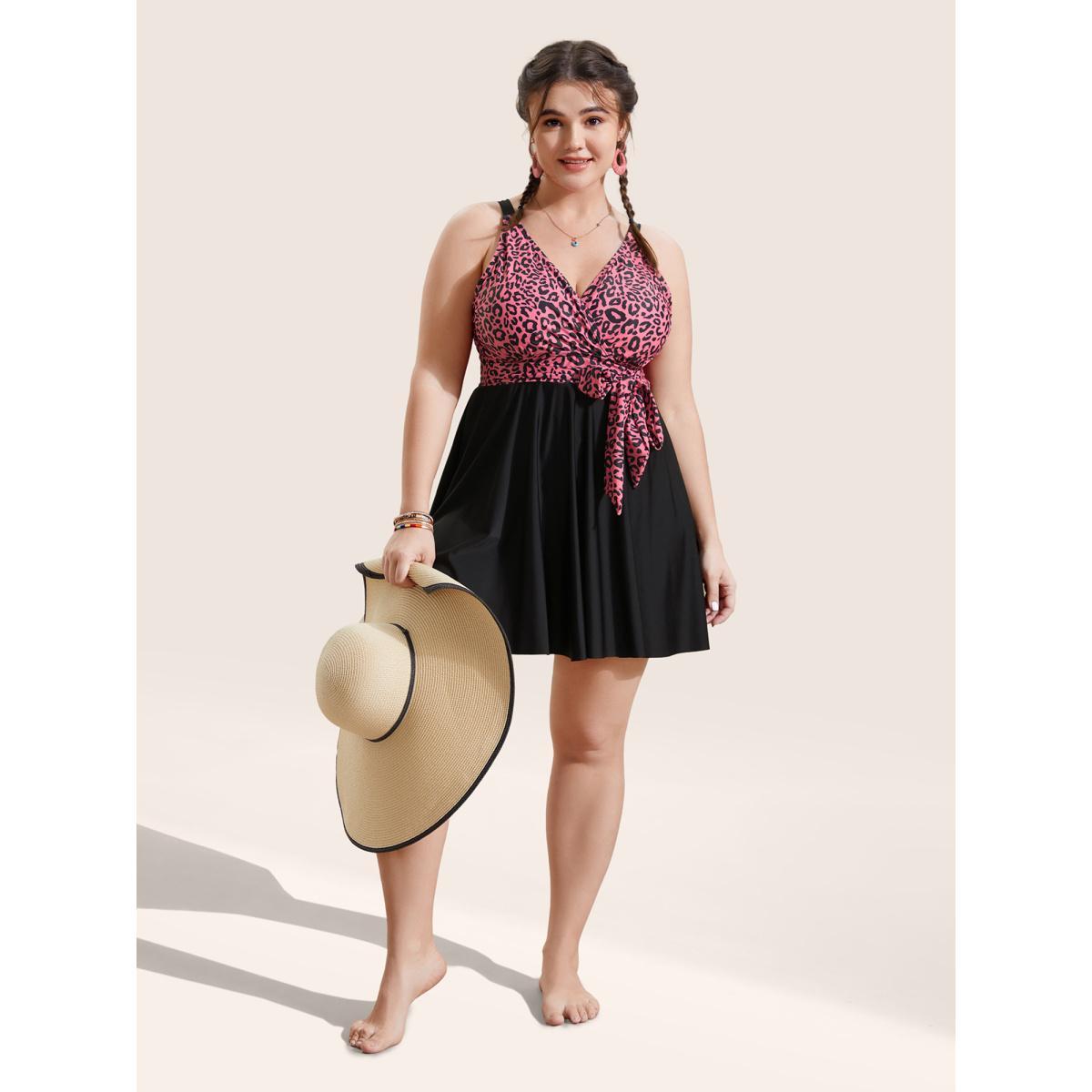 Plus Size Leopard Print Patchwork Tie Knot Swim Dress Women's Swimwear Leopard Beach Bodycon Overlap Collar High stretch Curve Swim Dresses BloomChic 28/5X Product Image