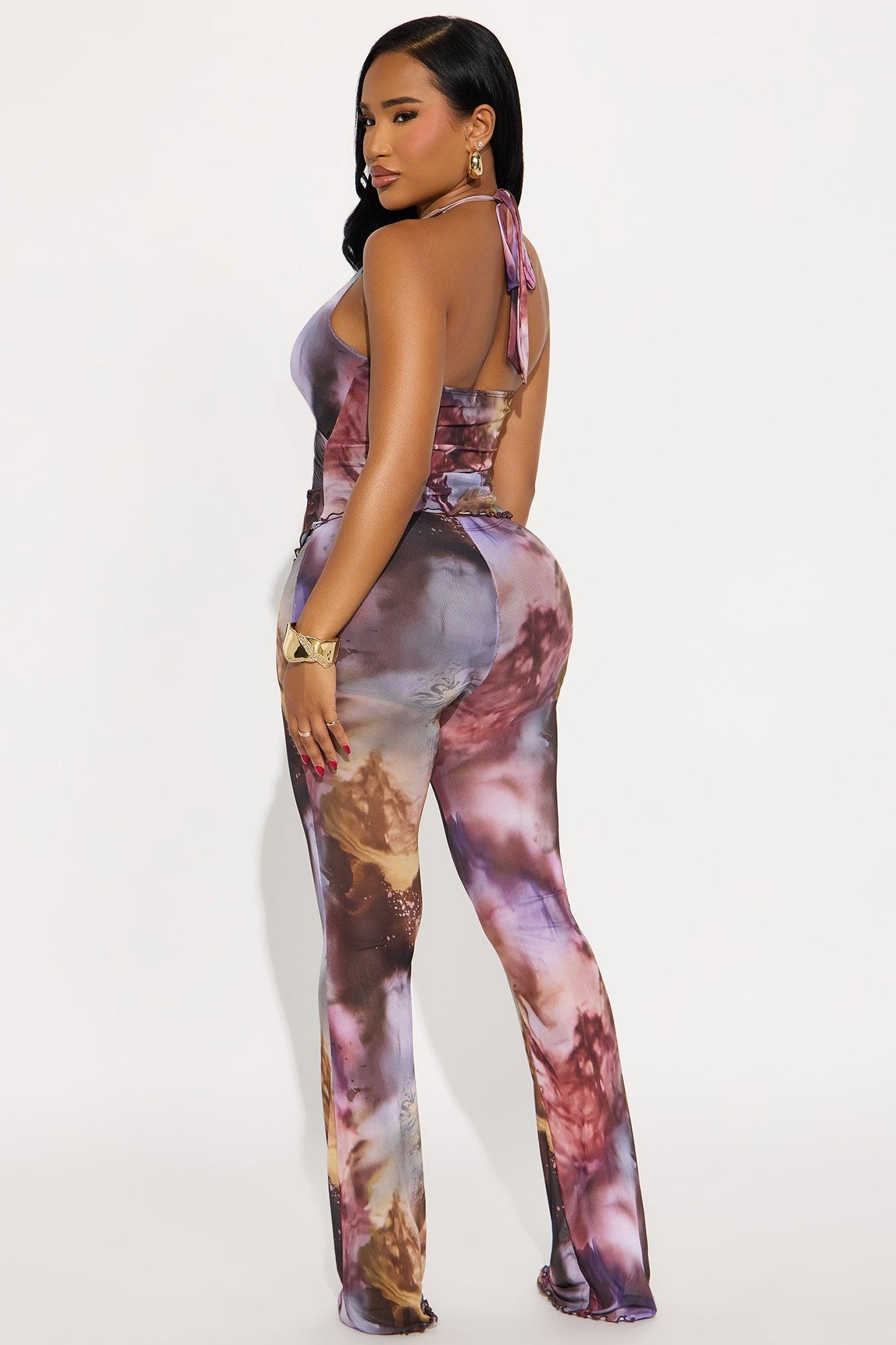 After Dark Mesh Flare Leg Jumpsuit - Plum/Multi Product Image