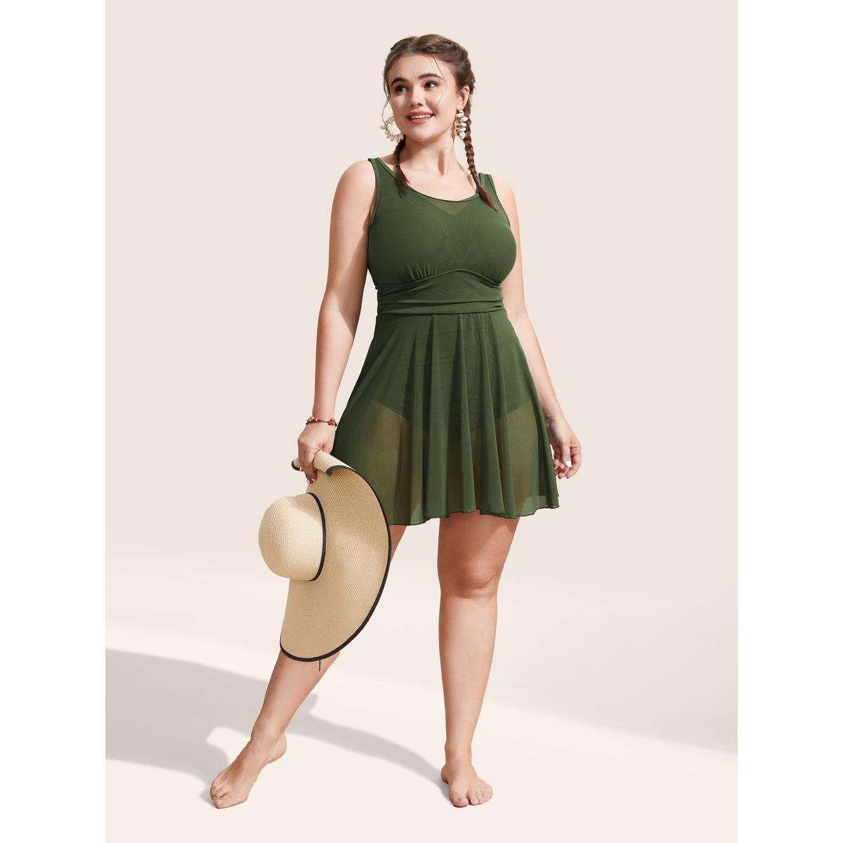 Plus Size See Through Patchwork Gathered Swim Dress Women's Swimwear ArmyGreen Beach Bodycon Round Neck High stretch Curve Swim Dresses BloomChic 12/L Product Image