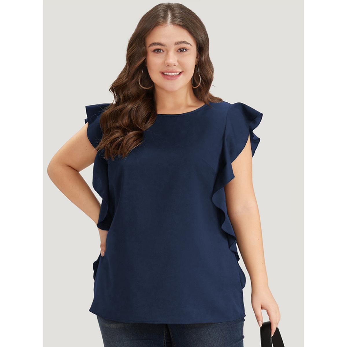 Plus Size Indigo Solid Crew Neck Ruffle Trim Blouse Women Office Cap Sleeve Round Neck Work Blouses BloomChic 28/5X Product Image