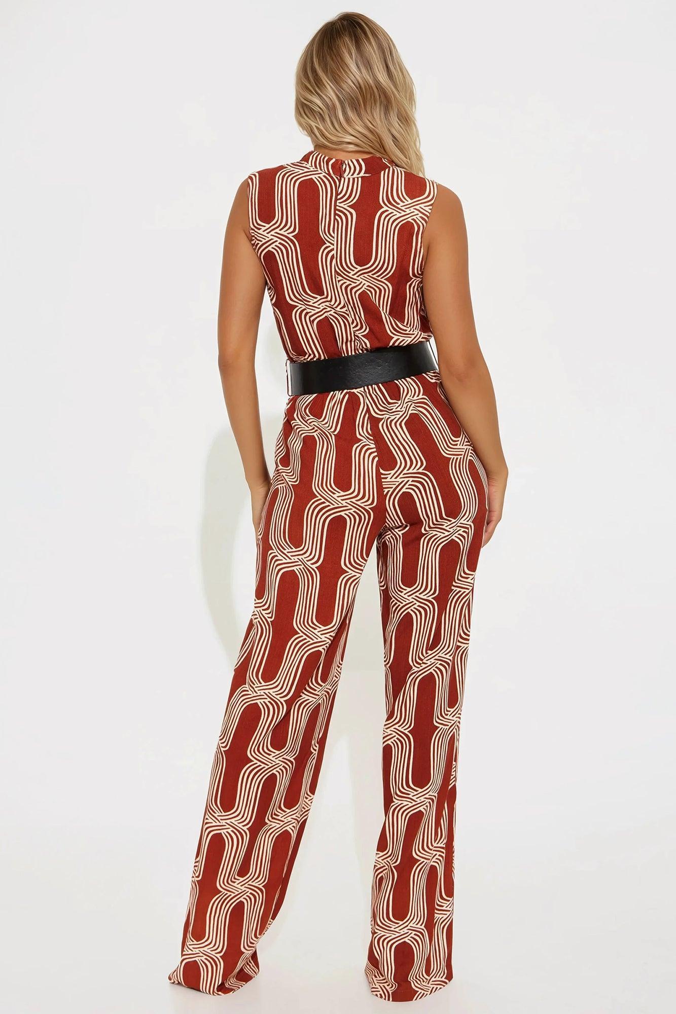 Miss Thing Belted Jumpsuit - Brown/combo Product Image
