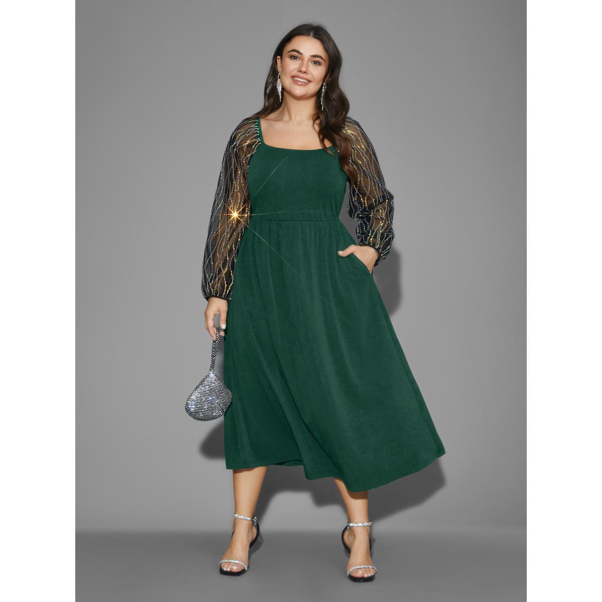 Plus Size Square Neck Patchwork Sequin Mesh Dress Black Women Cocktail Texture Party Curvy Bloomchic 22-24/3X Product Image