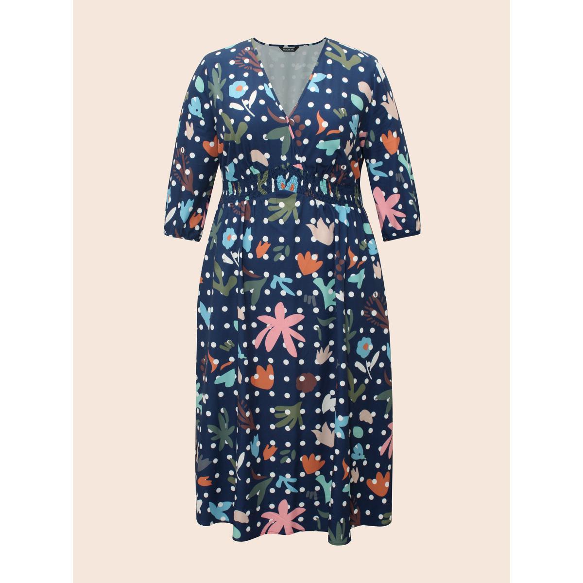 Plus Size Overlap Collar Polka Dot Floral Shirred Dress Multicolor Women Elegant Shirred Overlap Collar Elbow-length sleeve Curvy BloomChic 30/6X Product Image