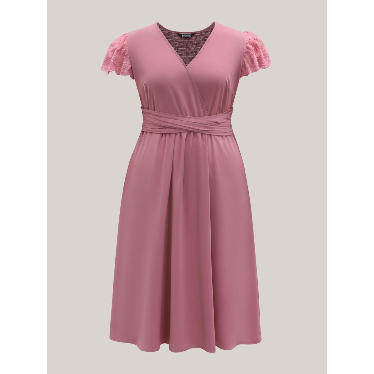 Plus Size Flutter Sleeve Lace Stretchy Waist Midi Dress DustyPink Women Elegant Woven ribbon&lace trim Overlap Collar Short sleeve Curvy BloomChic 18-20/2X Product Image