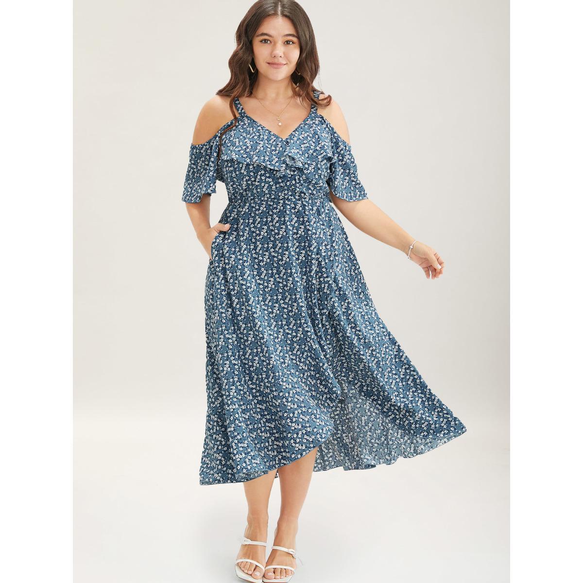 Plus Size Ditsy Floral Pocket Wrap Cold Shoulder Ruffle Dress Stone Women Elegant Non Overlap Collar Short sleeve Curvy Midi Dress BloomChic 30/6X Product Image