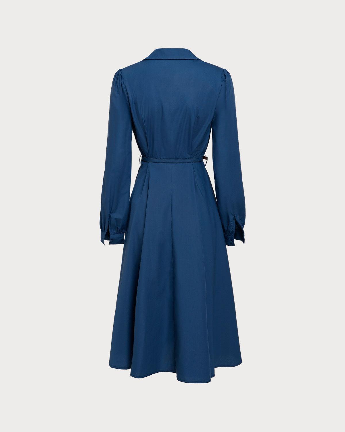Blue V-Neck Belt Midi Dress Product Image