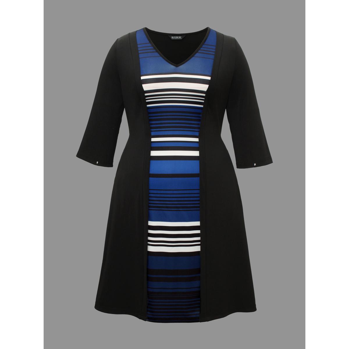 Plus Size Striped Patchwork Contrast Knit Dress Black Women Elegant Contrast Knit Dresses Bloomchic 12/L Product Image