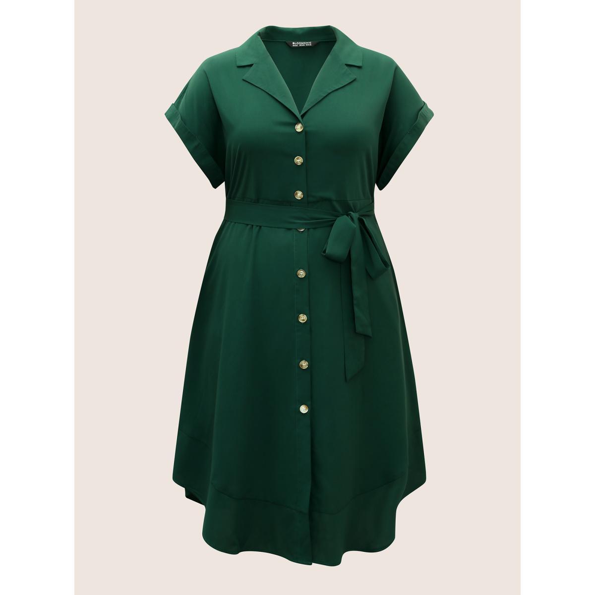 Plus Size Suit Collar Button Detail Batwing Sleeve Dress DarkGreen Women At the Office Belted Suit Collar Cap Sleeve Curvy BloomChic 14-16/1X Product Image
