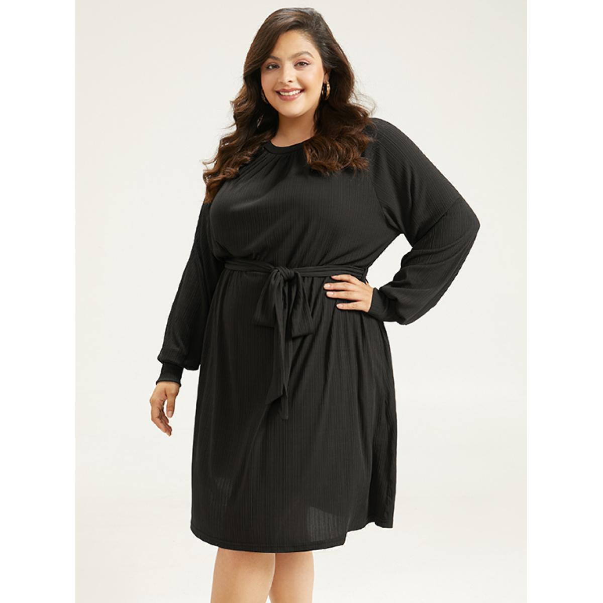 Plus Size Rib Knit Solid Pocket Pleated Belted Dress Black Women Casual Plain Round Neck Long Sleeve Curvy Midi Dress BloomChic 12/L Product Image