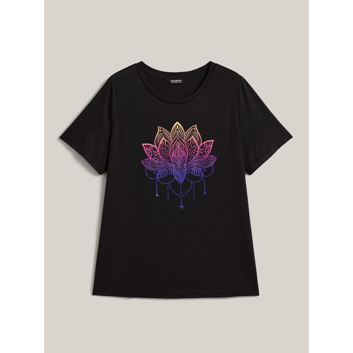 Plus Size Floral Motif Crew Neck Fitted T-Shirt Black Women Elegant Non Natural Flowers Round Neck Everyday T-shirts BloomChic 30/6X Product Image