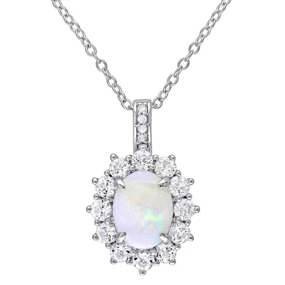 Stella Grace Sterling Silver Opal, White Topaz & Diamond Accent Halo Pendant Necklace, Women's, Size: 18" Product Image