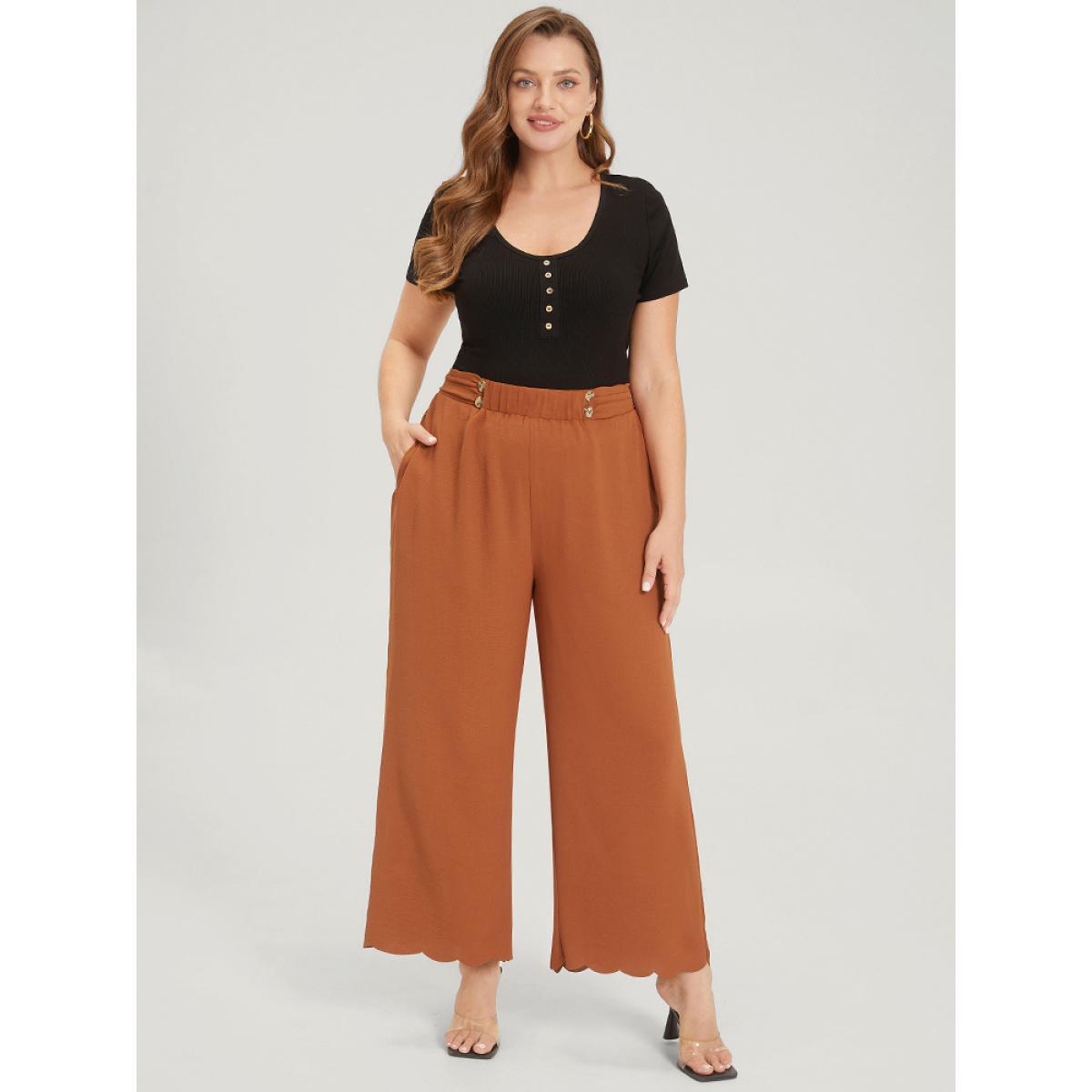 Plus Size Solid Button Detail Ruched Pocket Scalloped Trim Pants Women Rust Elegant Straight Leg High Rise Dailywear Pants BloomChic 14-16/1X Product Image