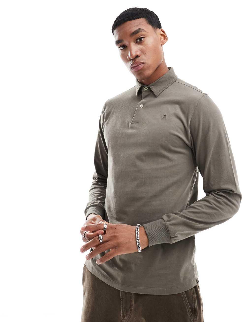 Scalpers soft long sleeve polo in khaki   Product Image