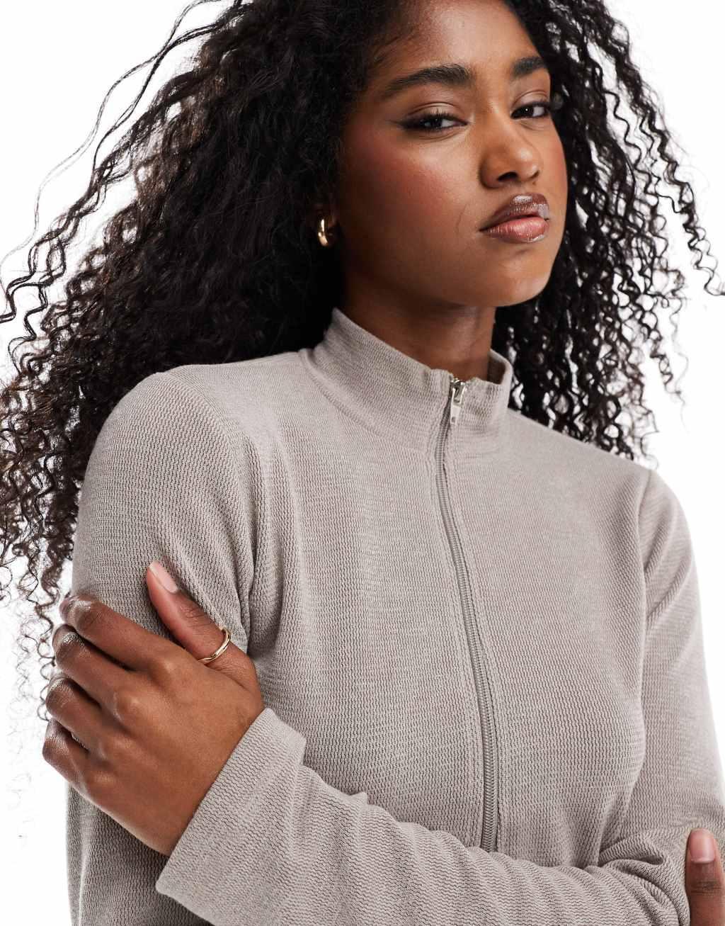 Miss Selfridge soft touch rib half zip top in mushroom - part of a set Product Image