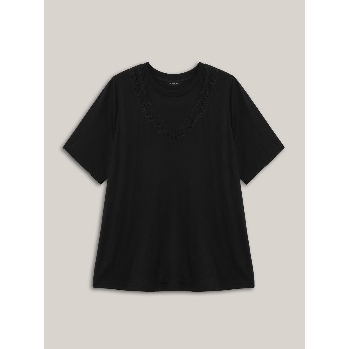 Plus Size Sheer Neck Solid Panel T-Shirt Black Women Woven ribbon&lace trim Round Neck Everyday-Casual T-shirts BloomChic 26/4X Product Image
