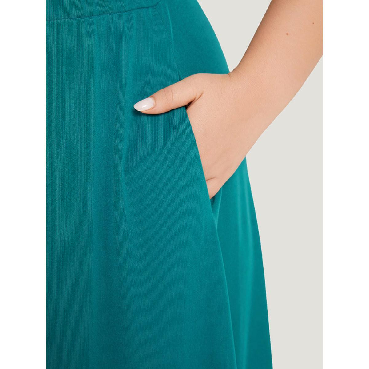 Plus Size Plain Pocket Button Detail Cold Shoulder Cami Dress Teal Women Casual Plain Cold Shoulder Short sleeve Curvy Knee Dress BloomChic 18-20/2X Product Image