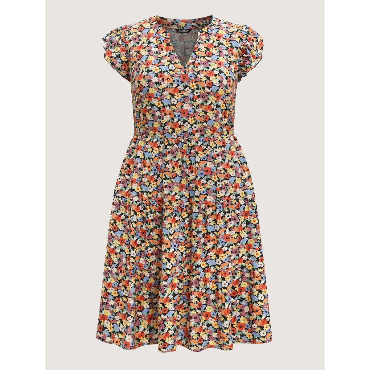 Plus Size Rayon Colorful Floral Print Tiered Pockets Midi Dress Multicolor Women Notched collar Cap Sleeve Curvy BloomChic 18-20/2X Product Image