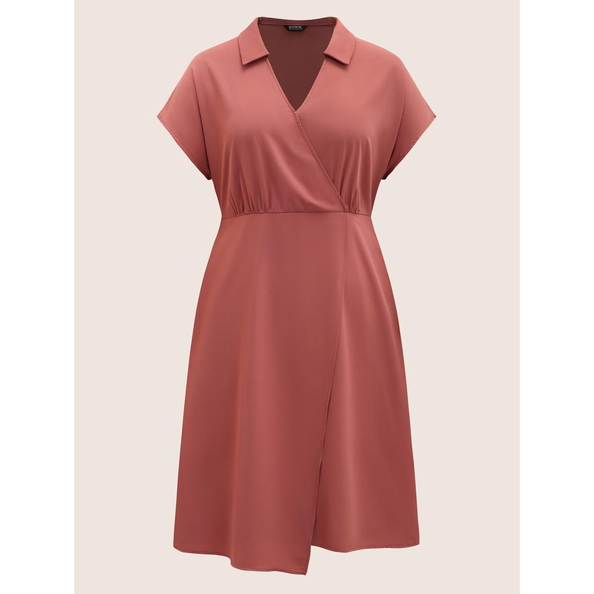 Plus Size Anti-Wrinkle Solid Shirt Collar Wrap Hem Dress Salmon Women At the Office Asymmetrical Shirt collar Short sleeve Curvy BloomChic 22-24/3X Product Image