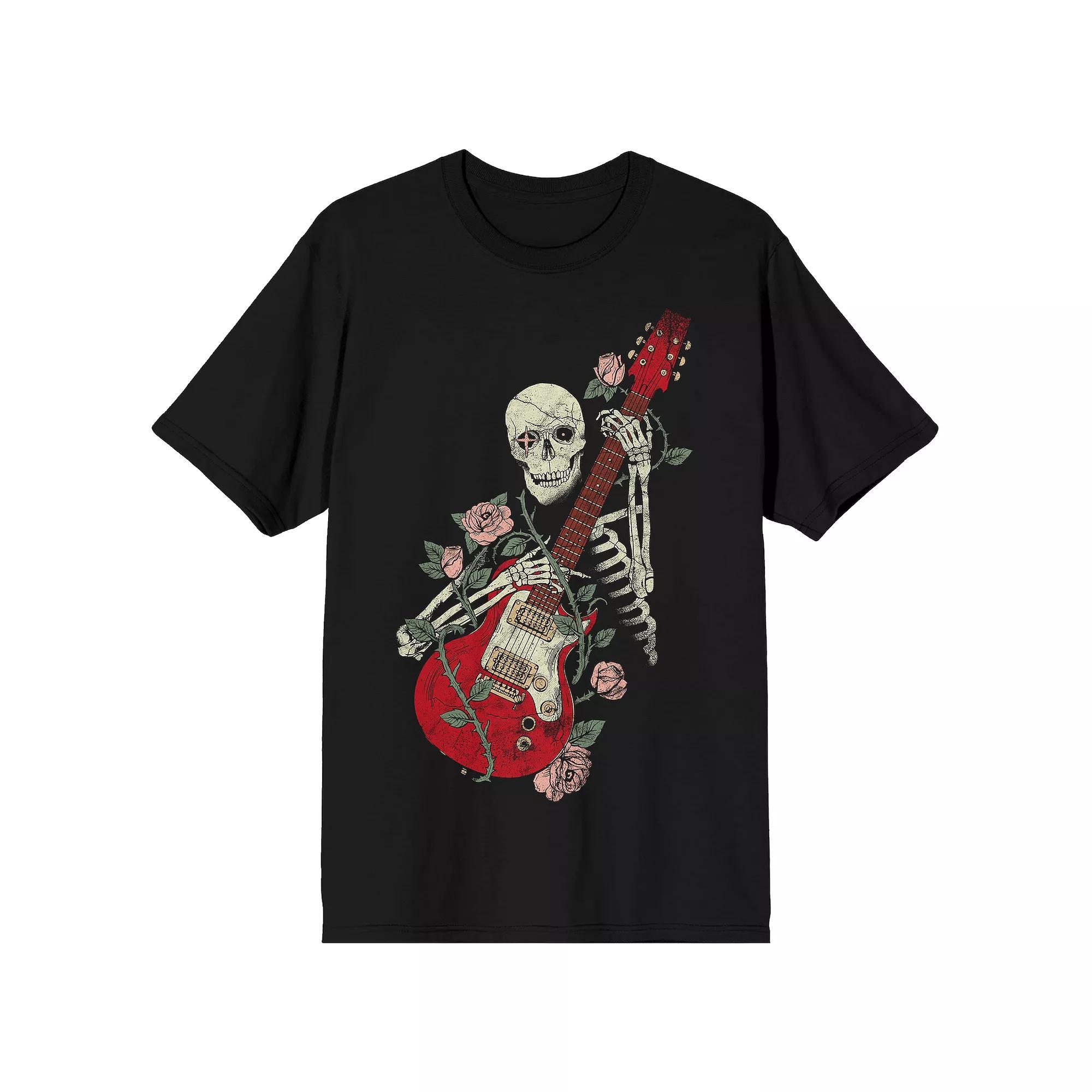 Men's Skeleton with Guitar Rose Graphic Tee, Size: Large, Black Product Image