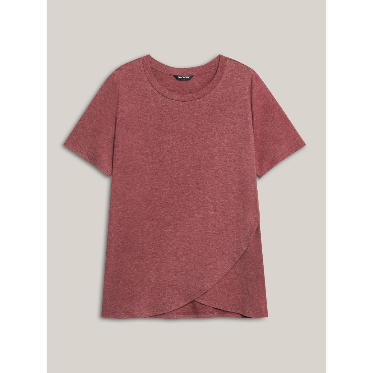 Plus Size Heather Stretchy Overlap Hem Plain T-Shirt Russet Women Overlapping Round Neck Everyday-Casual T-shirts BloomChic 14-16/1X Product Image