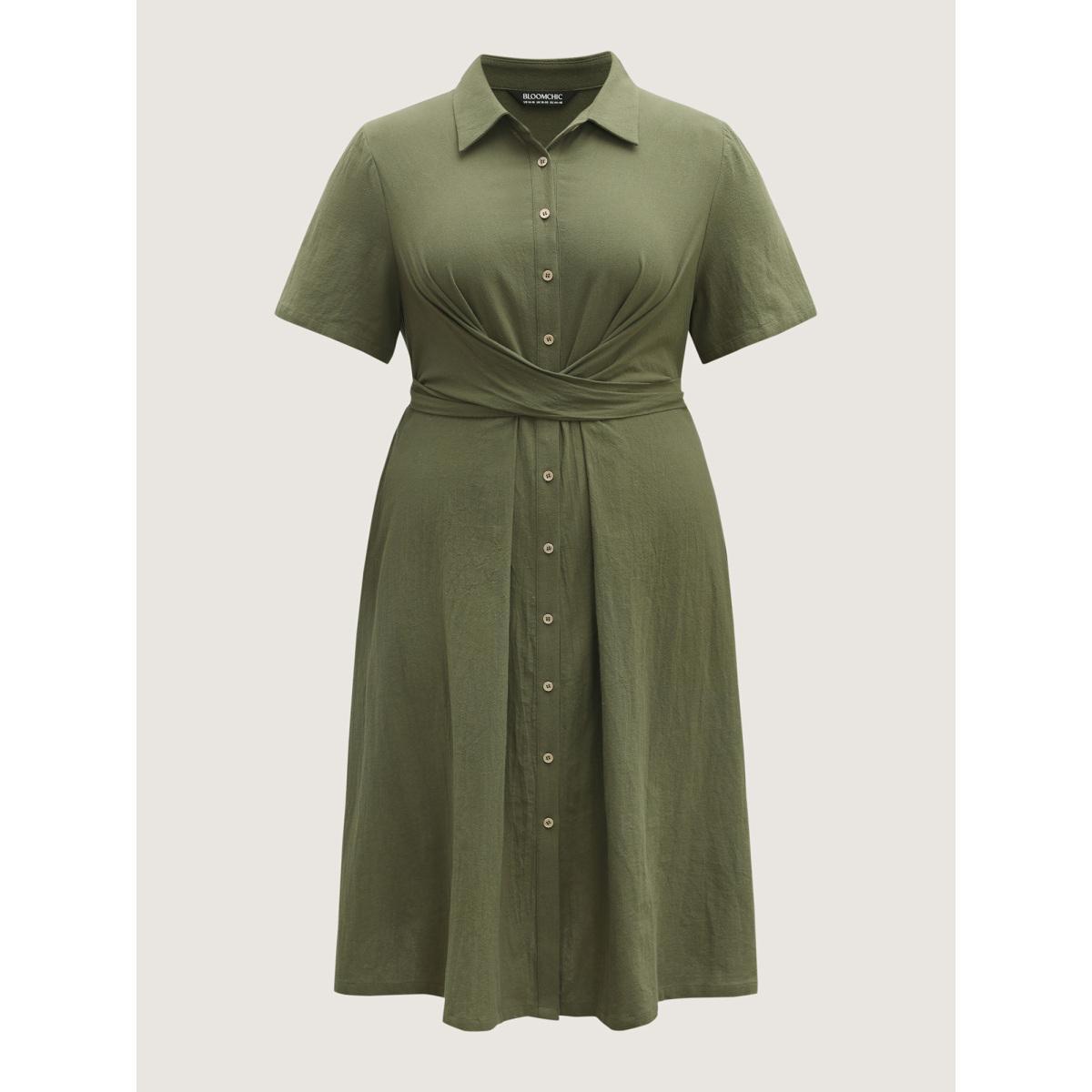 Plus Size Cotton Back-Tie Overlap Shirt Dress ArmyGreen Women Tie knot Shirt collar Short sleeve Curvy BloomChic 26/4X Product Image