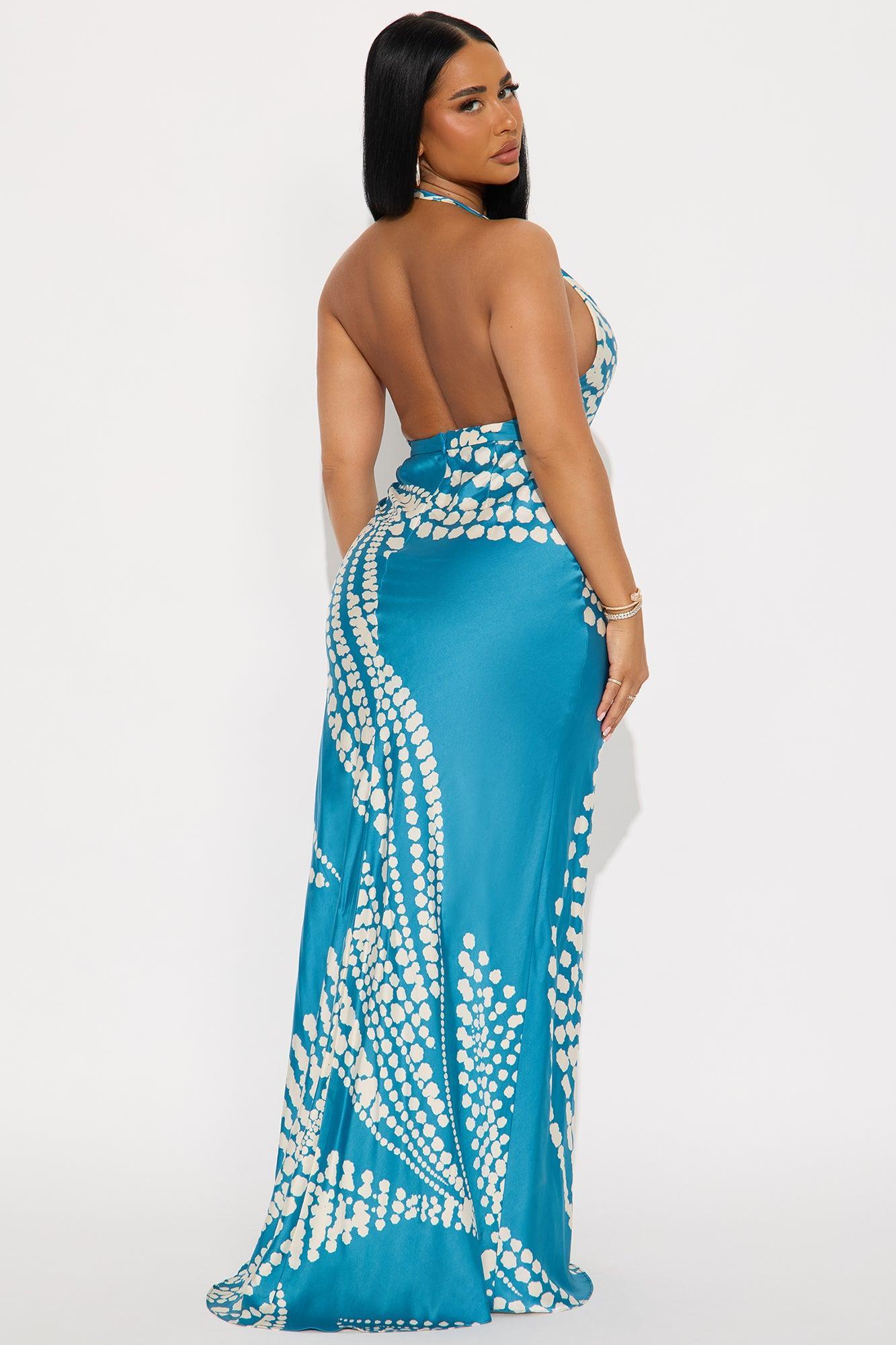 Sicily Summer Satin Maxi Dress - Teal Product Image