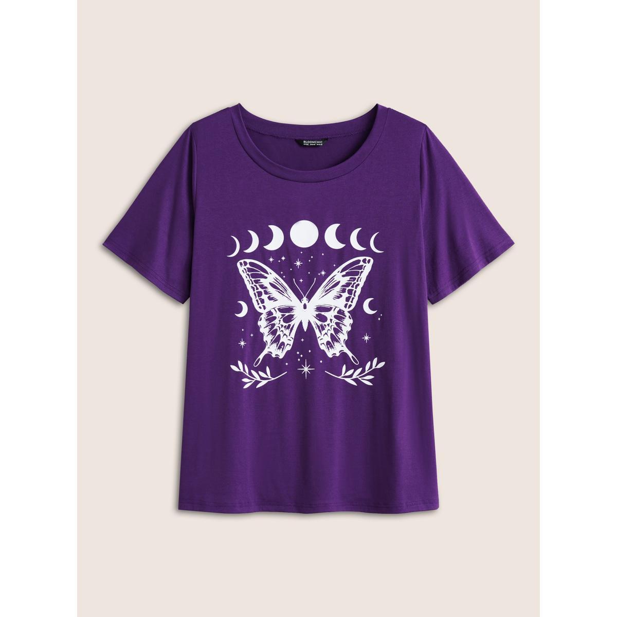 Plus Size Butterfly & Moon Print Round Neck T-shirt Eggplant Women Casual Non Star and moon Everyday T-shirts BloomChic 10/M Product Image