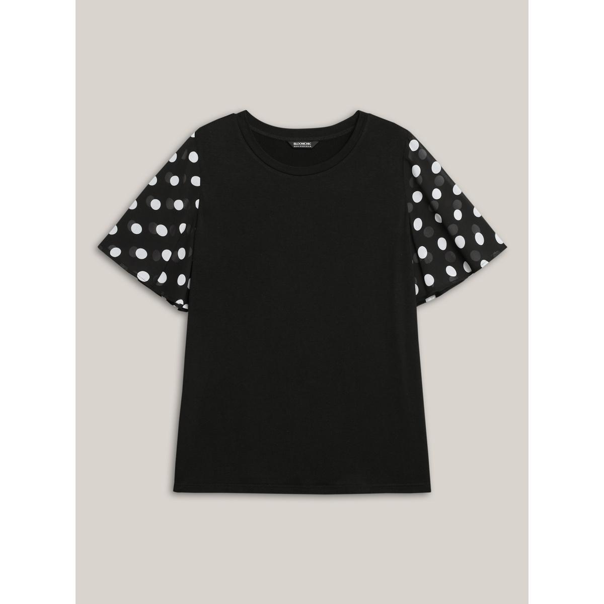 Plus Size Stretchy Sheer Dot Sleeve Textured T-Shirt Black Women Elegant See through Round Neck Everyday T-shirts BloomChic 14-16/1X Product Image