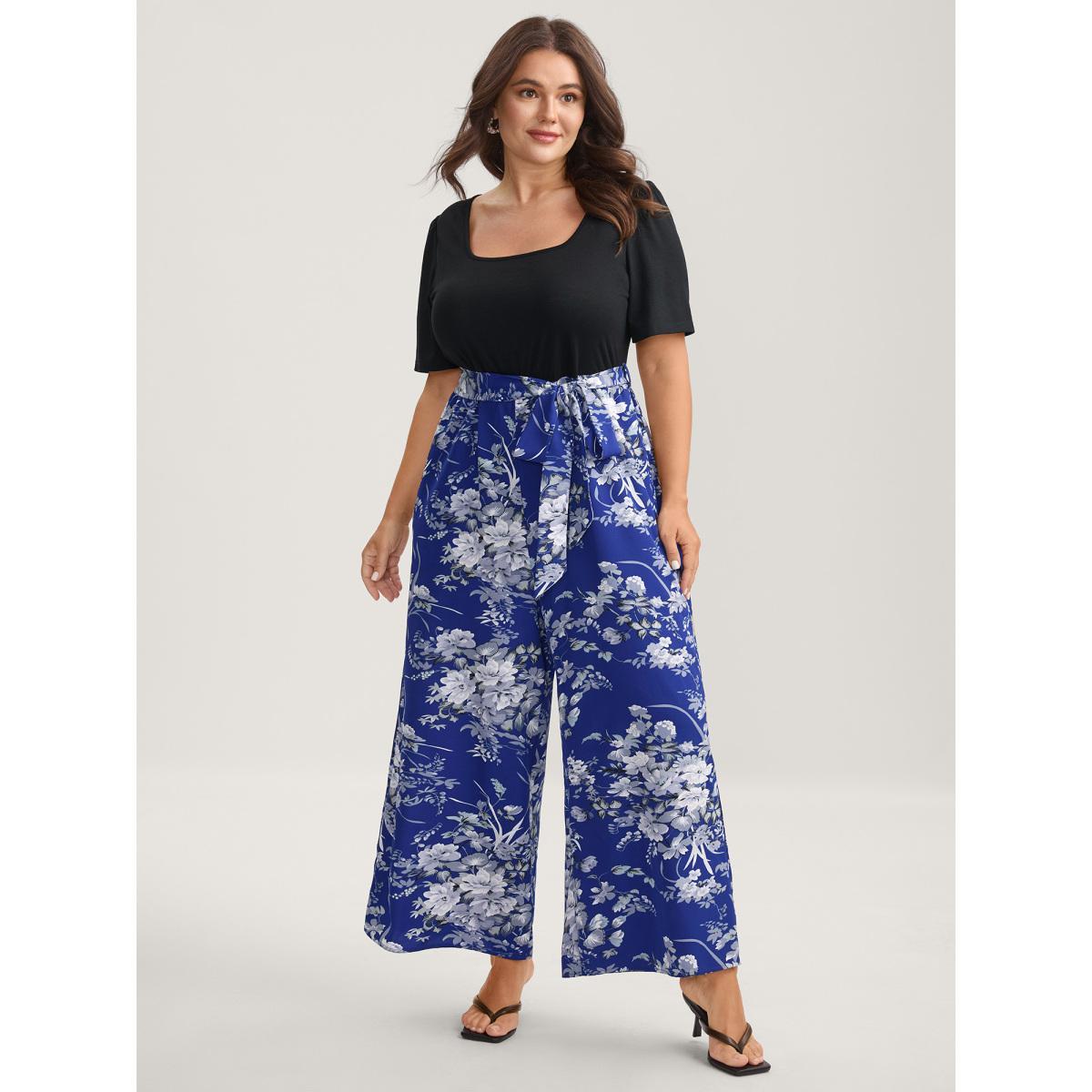 Plus Size Mediumblue Color Contrast Belted Panel Pockets Jumpsuit Women Elegant Short sleeve Square Neck Everyday-Elegant Loose Jumpsuits BloomChic 10/M Product Image