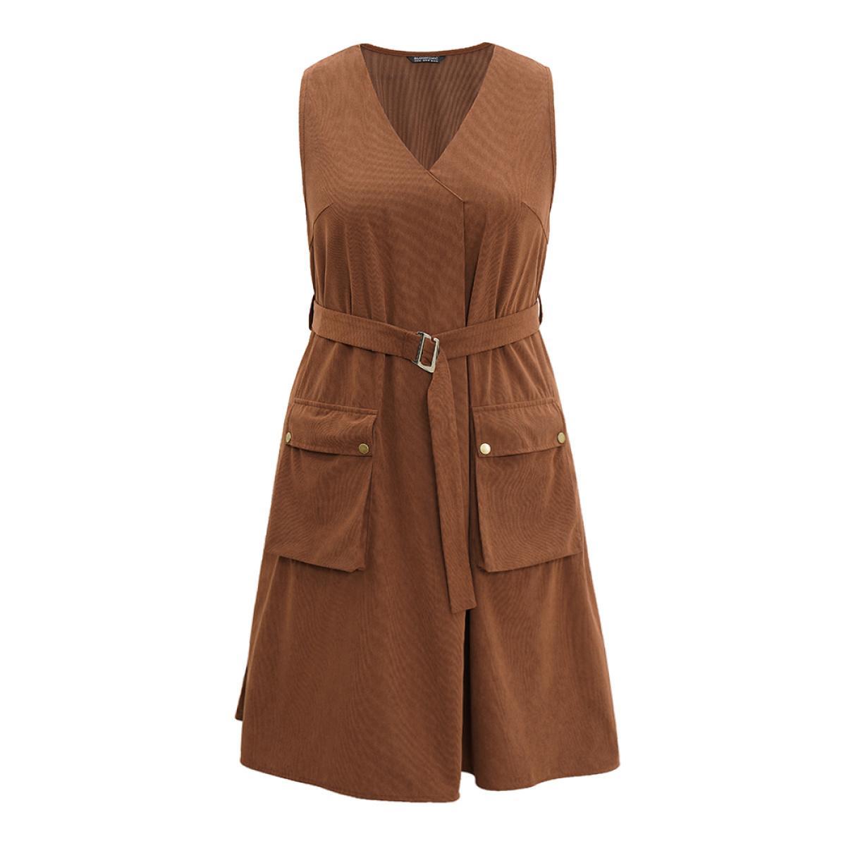 Plus Size Solid Belted Buckle Detail Flap Pocket Sleeveless Dress Bronze Women Office Plain V-neck Sleeveless Curvy Midi Dress BloomChic 10/M Product Image