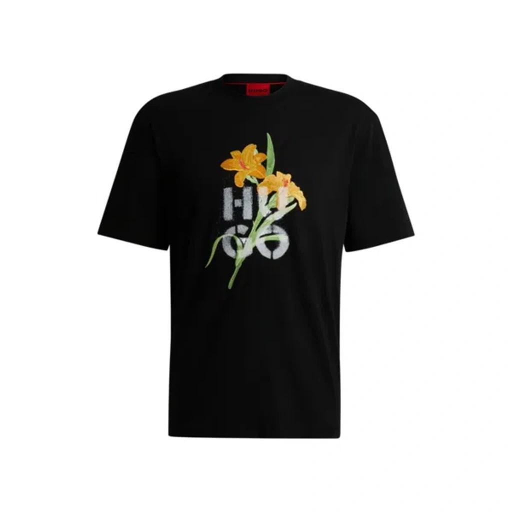 HUGO BOSS Cotton-jersey Relaxed-fit T-shirt With Floral Artwork In Black Product Image