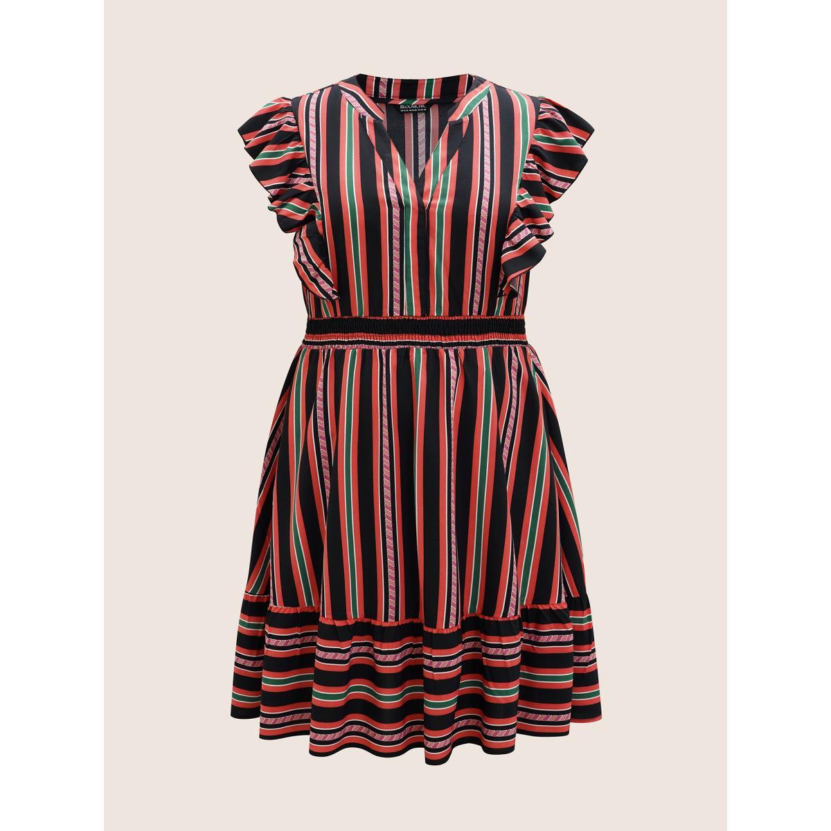 Plus Size Contrast Striped Ruffle Cap Sleeve Dress Black Women Elegant Ruffles Notched collar Cap Sleeve Curvy BloomChic 28/5X Product Image