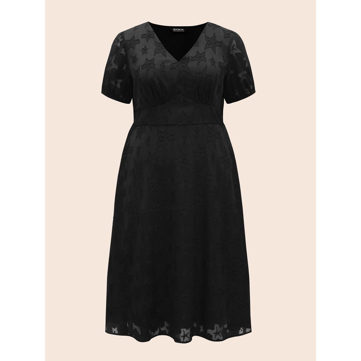 Plus Size Star Textured Lantern Sleeve Midi Dress Black Women Elegant Texture V-neck Short sleeve Curvy BloomChic 28/5X Product Image