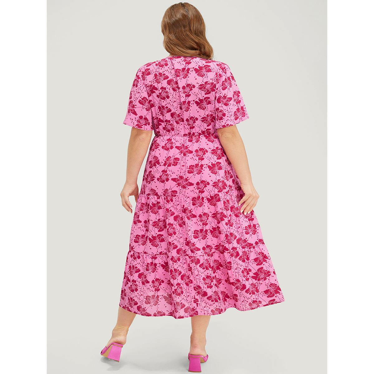 Plus Size Floral Button Detail Pocket Knotted Ruffle Hem Dress Pink Women Elegant Button V-neck Short sleeve Curvy Midi Dress BloomChic 30/6X Product Image